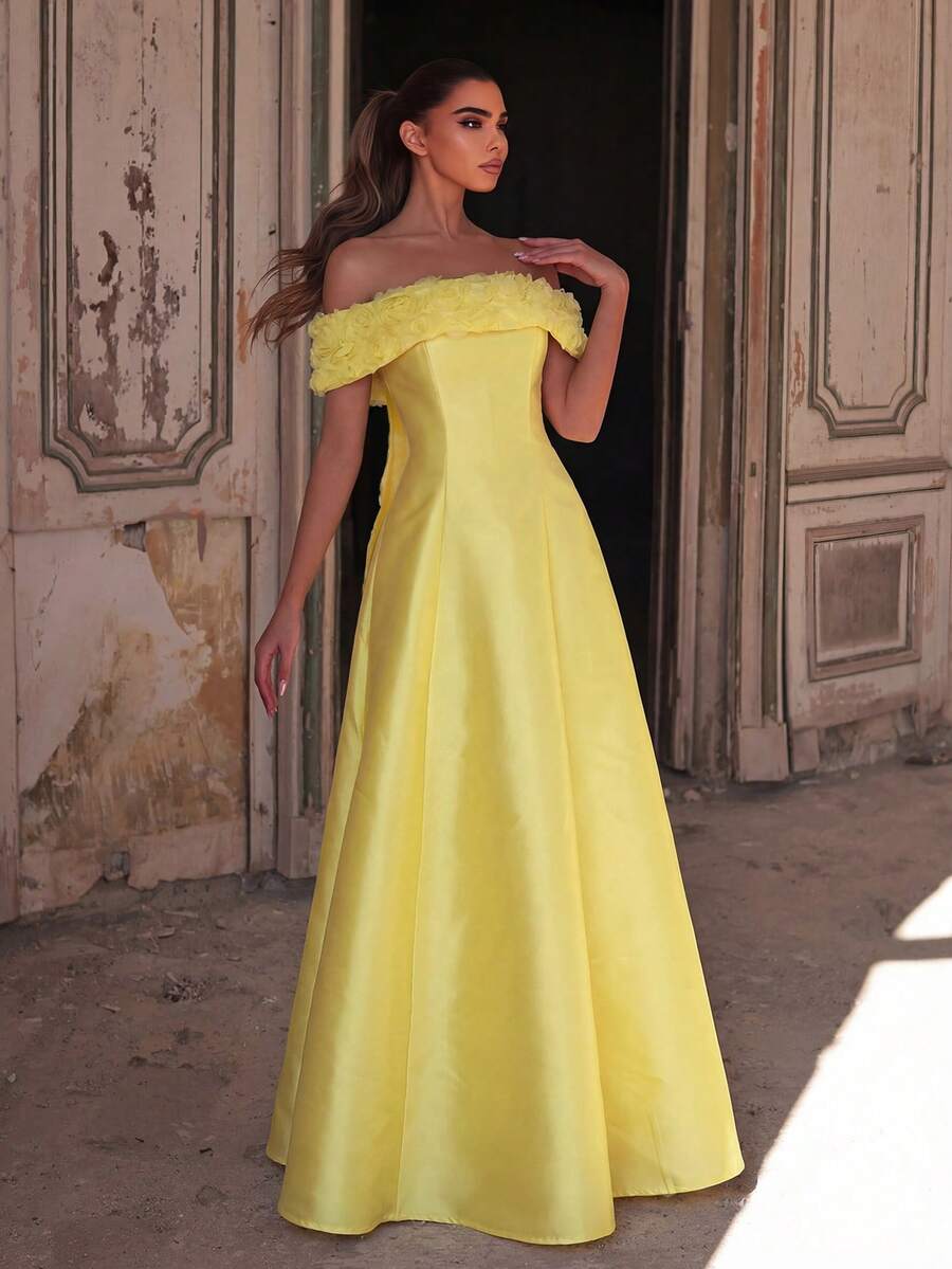 Faeriesty Đầm dạ hội cao cấp dành cho nữ - Đầm maxi satin trễ vai, thắt eo, dáng chữ A bằng vải voan, thích hợp cho khách dự đám cưới, dạ hội và các buổi tiệc tối trang trọng. - Màu vàng - Xem 1