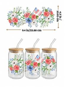 4 件套爱国美国国旗 UV DTF 转印贴纸（9.4x4.3 英寸），无需加热；水彩花卉图案，7 月 4 日独立日包装纸；西部牛仔靴帽向日葵贴纸，适用于 16 盎司 Libbey 玻璃杯，DIY 礼品 - USA 04 - 查看 3