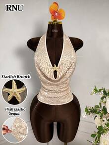 RNU杏色香槟亮片镂空不规则海星金属纽扣细肩带垂褶领吊带背心，女士简约弹力修身针织吊带背心，适合休闲、约会、夜店、音乐节、性感派对、海滩、旅行等多种场合。 - 香檳色 - 查看 8