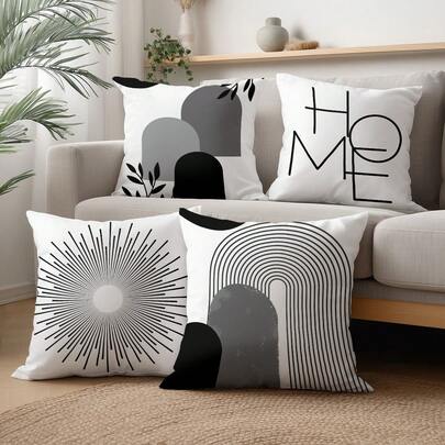 4 件套简约黑白灰抽象波西米亚几何线条抱枕套，单面印花桃绒涤纶面料，45*45厘米/18*18英寸，适用于房间装饰、现代简约沙发客厅装饰、礼品、派对装饰