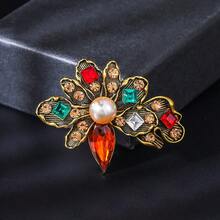 1pc Vintage Gold-Plated Floral Brooch, Multi-Color Rhinestone & Faux Pearl Decorative Pin, Luxury Retro Baroque Style Lapel Pin, Elegant Fashion Accessory, Exquisite Gift For Her - Colorful Flowers - View 7