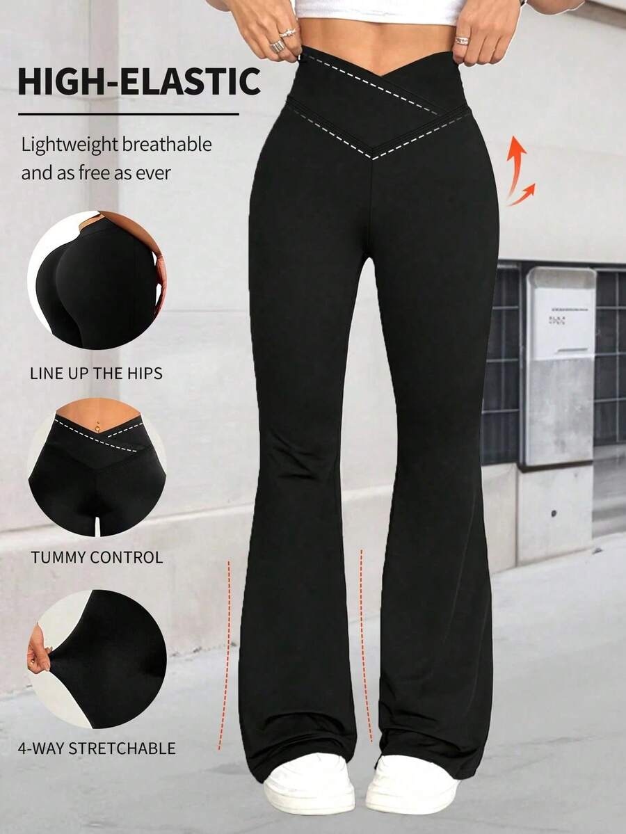 Black High Elastic Crossover Waist Flared Pants For Women, Tummy Control 4-Way Stretch Bootcut Yoga Pants For Daily & Fitness Outfits,Women's Leggings,Gym Clothes Women,Gym Clothes Women,Summer Outfits For Women,Summer Clothes,Beachwear,Vacation Outfits Women,Vacation Essentials - màu đen - Xem 1