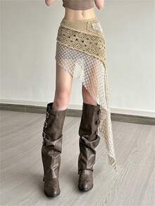 Kliou钩针编织不规则夏季半身裙 女式拼接沙滩性感夜店风时尚镂空午夜基础款狂野嘻哈优雅迷你裙 - 卡其色 - 查看 9