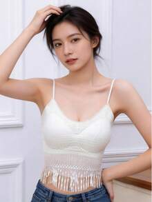RUIWY Tassel Lace Camisole With Padded Bust, Breathable Tube Top For Layering, Prevents Wardrobe Malfunction White Casual Summer - White - View 2