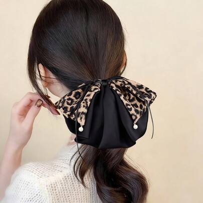 Women's Elegant Leopard Print Bow Ribbon Hair Clip Accessory, Suitable For Daily Use, Home, School, Beach, Office, Party, Holiday, Birthday, Back To School, New Year, Valentine's Day, Mother's Day, Christmas, Wedding, Music Festival, Graduation, Spring/Summer Summer Beach Claw Clips Vacay Hair Clips
