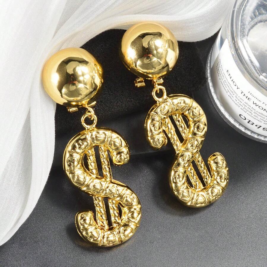 1 par de pendientes exagerados y lujosos con signo de dólar de múltiples elementos chapados en oro de 14K, adecuados para uso diario, fiestas, banquetes y moda callejera de mujeres - Dorado - Ver 1