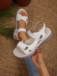 1 Pair Summer New Buckle Sandals, Sporty Style Wedge Heel, Lightweight Hook & Loop, Thick Sole Anti-Slip, Casual Versatile Beach Shoes - White - View 2