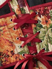 Vintage Red Floral Jacquard Corset Belt, Fishbone Waist Cincher Design, Buckle Support & Back Tie, Niche Countryside Style Layering Piece - The Flower Is Bright Red - View 6
