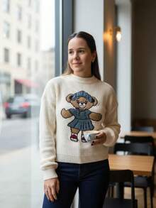 Women's Teddy Bear Knit Blouse, Long Sleeve, Embroidered Jacket, Mousse Yarn - 白色 - 查看 2