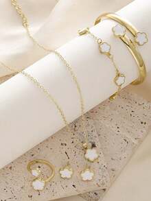 Bộ trang sức 5 món chất lượng cao mới: 1 dây chuyền, 1 vòng tay, 1 đôi bông tai, 1 nhẫn, 1 dây chuyền hoa may mắn. - Nhiều màu - Xem 14