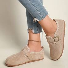 Women'Retro Round-Toe Flat Shoes With Buckle Closure, Solid Color Textured PU Upper, Cushioned Insole, Non-Slip Rubber Sole - Khaki - View 9