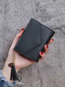 Cute Tassel Pendant Decor Wallet Faux Leather Multi-Functional Wallet Women Short Wallet Coin Purse Flap Card Case Envelope Bag For Women Wallet - màu đen - Xem 11