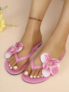 Dép xăng đan đế bằng hở mũi họa tiết hoa giả mùa hè mới, dép lê hoa cho bé gái, dép xăng đan đế bằng hở mũi thời trang mùa hè. - Hồng - Xem 1