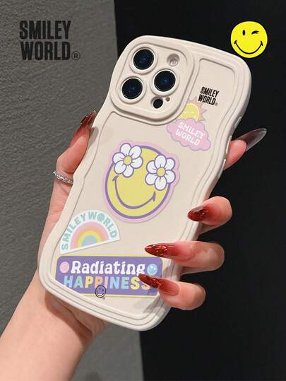 1 pieza Funda de teléfono de material TPU con absorción de impactos y cobertura total, con estampado de cara sonriente amarilla floral, letra, sol, nube y arcoíris, impresión UV, compatible con las series Apple 11/12/13/14/15/16/17 Pro Max, adecuada para regalos de vacaciones, transporte y diseño antideslizante