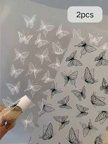 1/2pcs New 3D Hand-Painted Butterfly Nail Stickers, Hollow Liquid Minimalist Black & White Butterfly Nail Art Decals, Suitable For DIY Nail Design - Multicolor - View 4