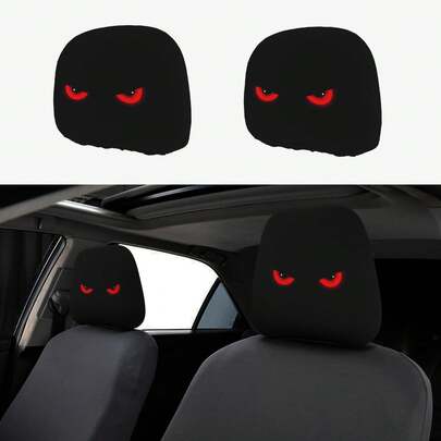 2pcs Red Eyes Car Headrest Covers - New Front And Back Design Suitable For All Models, Easy To Install - Fun Interior Decoration For Male/Female Drivers/Passengers - Car Seat Headrest Protector, Eye-Catching Print, Durable Fabric