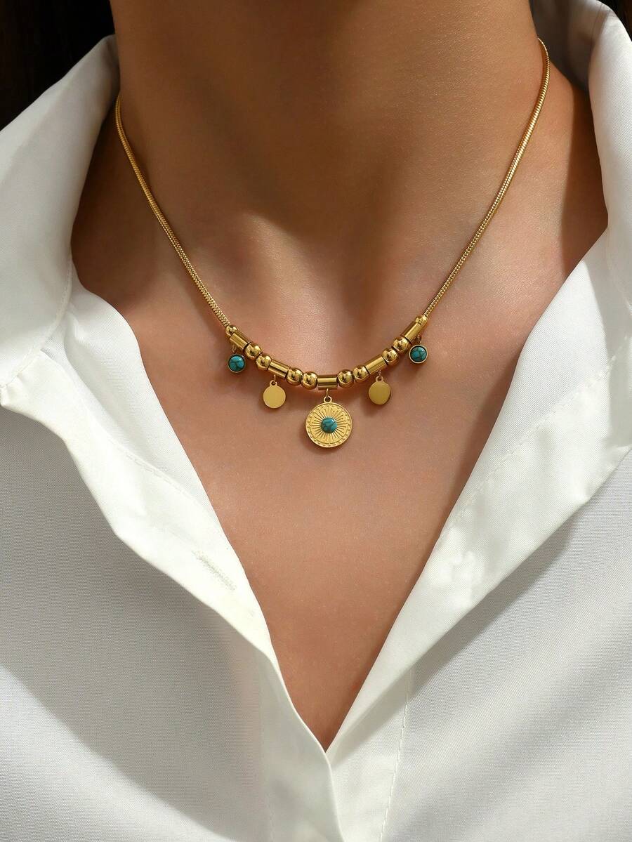 LIEBEIRIS 1pc Creative Geometric Stainless Steel Bead Pendant Necklace For Women, Suitable For Daily Outfit Matching And Gift Giving - Multicolor - View 1