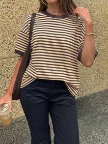 Áo thun nữ Vaiaye cổ tròn dáng rộng, kiểu dáng tối giản, phối sọc, tay ngắn, phù hợp mặc hàng ngày, đi làm và ở nhà. - màu nâu - Xem 6