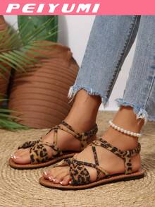 Women's Fashion Sandals, Elegant Bowknot Criss-Cross Design, Comfortable & Versatile, Suitable For Various Occasions, Multiple Colors Available, Lace-Up Sandals - Brown - View 3