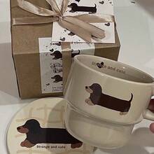 1个原创腊肠犬图案陶瓷咖啡杯，手绘卡通设计早餐杯礼品 - 香檳色 - 查看 8