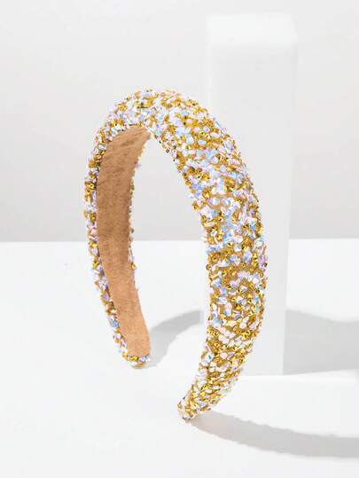 1pc Stylish Korean Bling Rhinestone Sequin Wide Headband, Shiny Sponge Crown Versatile Niche Design Hair Accessory