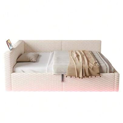 Upholstered Bed 140 X 200 Cm, With LED Lighting, Cassette Player And Two USB Ports, Flexible L-Shaped Backrest, Velvet Fabric, Hydraulic Slatted Base, Beige (Mattress Not Included)