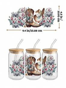 Set de 4 piezas Envolturas de pegatinas de transferencia UV DTF de 16 onzas (9.4x4.3 pulgadas) sin necesidad de calor, envolturas con estilo bohemio, botas vaqueras, sombrero vaquero y flores, decoración de corazón de cactus rosa western para tumblers Libbey, regalo DIY - Vaquera del Oeste 04 - Ver 4