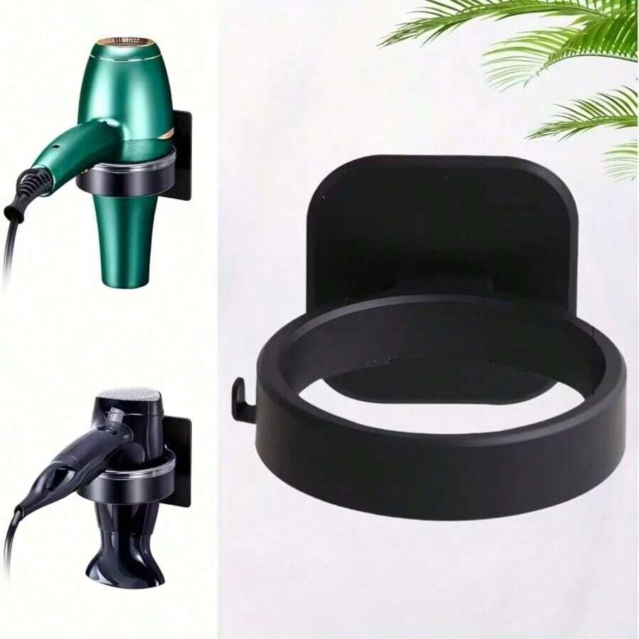 1pc Wall Mount Hair Dryer Holder - No Drill Installation, Space Saving Bathroom Organizer, Suitable For XL Hair Dryers, Installation, Multiple Hooks, Black & White Minimalist Design - Multicolor - View 1