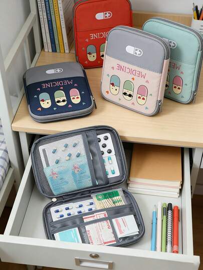 印有可爱药丸图案的便携式医疗包，便携式露营药袋，紧凑型急救包，旅行和居家便携收纳包，小型药包，便捷药品包，应急包，多种颜色可选，适用于日常/户外/旅行，是注重健康和经常外出人士的必备之选，必备医疗配件，日常健康护理收纳包