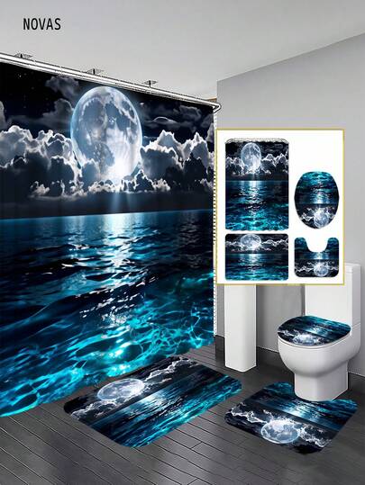 1/3/4 piezas Juego de cortina de ducha, alfombra de baño y tapa de inodoro con estampado de ola y cielo estrellado en la noche del océano, tela impermeable y antideslizante, perfecto para el hogar/dormitorio/sala de estar/artículos del hogar/verano