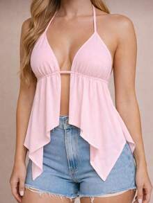 Women's Blouse With Deep V-Neck And Halter Neck – Thin Straps And A Loose, Elegant Fit For Summer - Màu Hồng baby - Xem 5