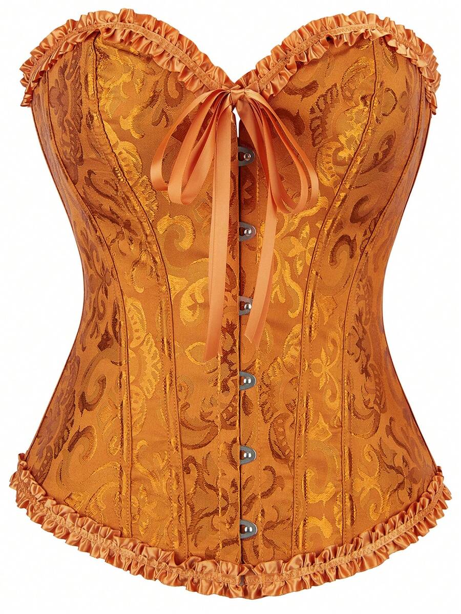 大码女式花卉提花束身胸衣上衣，露背无肩带抹胸上衣，适合派对穿着 - 薑黃色 - 查看 1