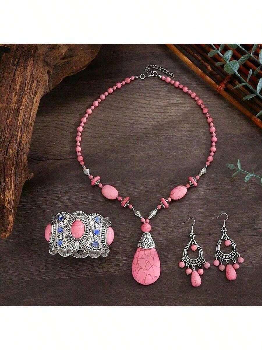 Bộ trang sức phong cách Bohemian màu hồng ngọc lam - Dây chuyền, bông tai và vòng tay tinh tế - Món trang sức nổi bật dành cho phái nữ sành điệu, thiết kế cổ điển thanh lịch, phù hợp cho các dịp lễ, tiệc tùng, hẹn hò, làm quà tặng, đeo hàng ngày, hình trăng lưỡi liềm, chế tác tinh xảo, thích hợp cho du lịch, hẹn hò, tiệc tùng, trang sức mùa thu/đông, trang sức phương Tây, phụ kiện, dạ hội, bãi biển, mùa hè, trang sức, phụ kiện - Hồng - Xem 1