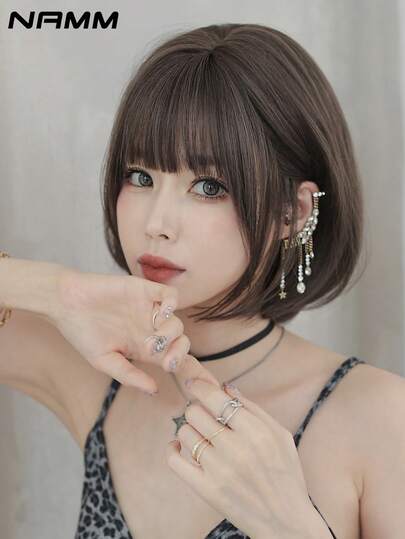 NAMM 1 PC Brown Bob Wigs For Women Short Straight Layered Hair Wig With Bangs Natural Looking High Quality Synthetic Fiber Wig For Daily Party Beginners Use 12 Inch