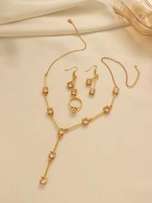 1 Set Elegant Copper Alloy Square Crystal Tassel Earrings, Open Ring, Y-Shaped Necklace Jewelry Set, Suitable For Women's Daily Wear And Holiday Gifts - Yellow Gold - View 2