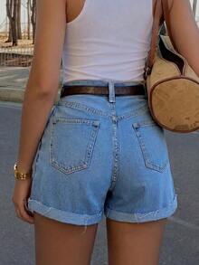 Women's Fashionable Minimalist Classic Mid-Waist Washed Denim Cuffed Shorts Summer Casual - 中等水洗 - 查看 4