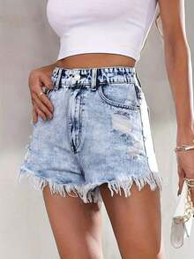 Women's Casual Sexy Elegant Fashion Elegant Commuting Pocket Frayed Sports Young Street Hole College Denim Shorts Summer - 灰色 - 查看 11