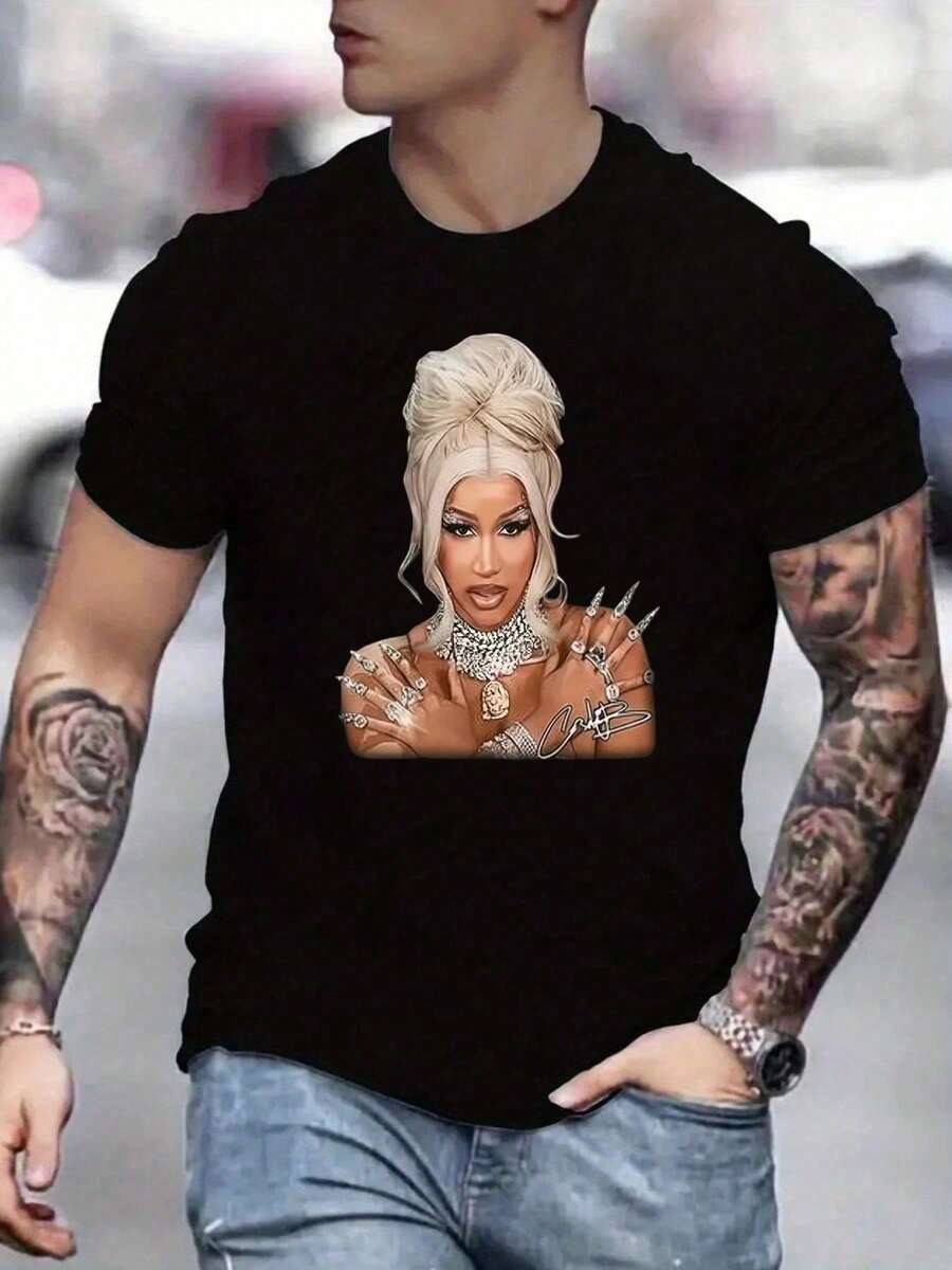 CardiB T-Shirt Graphic Printing Aesthetic Cotton Tee For Spring Summer Original Design Mens And Womens Sports Leisure Te - 黑色 - 查看 1