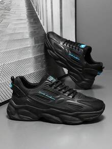 Sepatu Sneakers Chunky Gaya Retro, Patchwork Hitam, Sol Tebal, Peredam Guncangan, Cocok Untuk Lari & Pakaian Kasual, Desain Tali dengan Grafis Huruf - Hitam - View 4