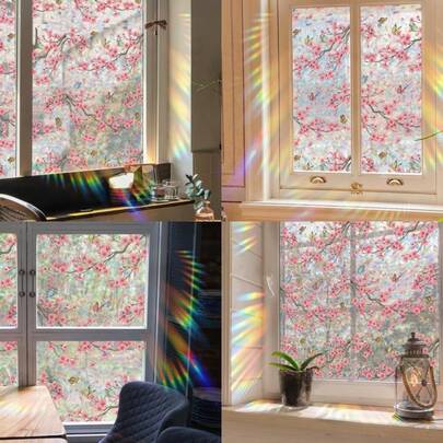 Window Privacy Film Rainbow Cherry Blossom Flower Window Clings 3D Decorative Vinyl Stained Glass Butterfly Floral Decals Static Cling Sticker Non-Adhesive 15.75 X 40 Inches