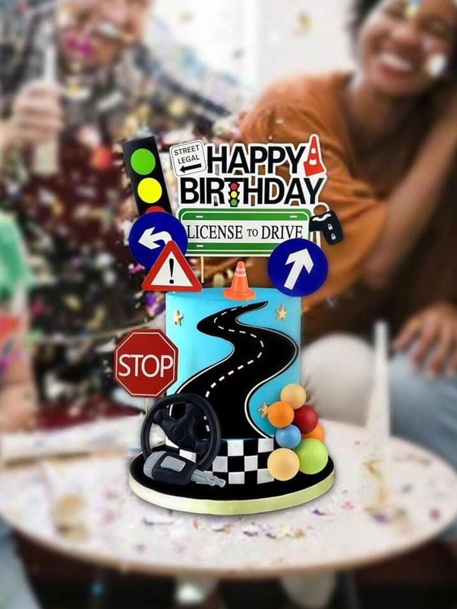19件套新驾照蛋糕装饰品,适合16/17岁新司机生日庆祝活动,以及道路标志主题派对用品 - 查看 1