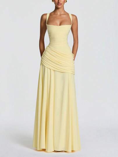Elegant Women's Long Ball Gown Dress, Sleeveless Spaghetti Strap Design, Open Back, Waist Ruching, Knit Fabric, Suitable For Attending Balls And Serving As Bridesmaid Party