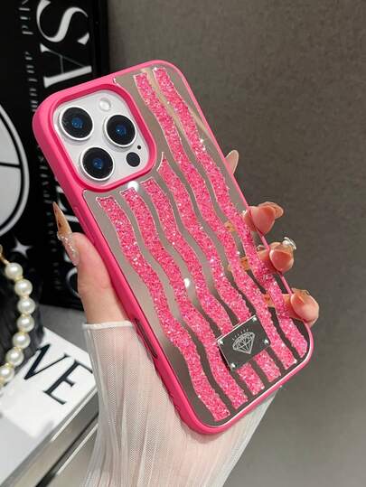 1个玫瑰粉色亲肤镜面水钻条纹波浪防震二合一手机壳，适用于15promax/17promax/17ari/S25ultra