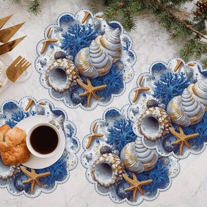 海岸贝壳和海星圆形餐垫，清新优雅，充满海滩度假风情，有 1 件装、2 件装、4 件装、6 件装、8 件装和 300 件装可供选择，尺寸为 14.17*14.17 英寸（36*36 厘米）。