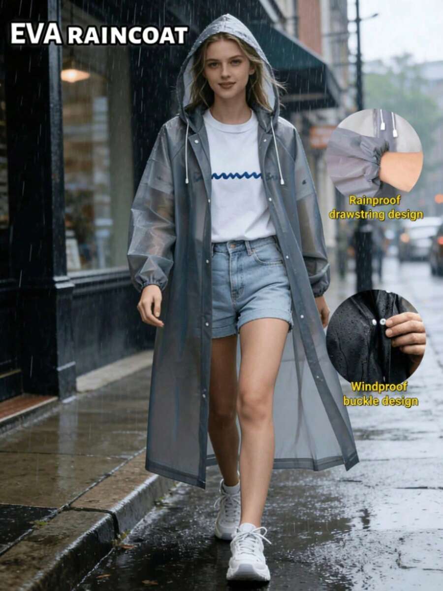 一件防水EVA连帽雨衣，可调节帽檐，纽扣闭合，轻便易携，防水防风，是户外徒步、骑行、旅行、园艺、旅行必备、便携必备、海滩必备、毕业季、毕业典礼、毕业礼物、祝贺毕业、毕业派对、户外必备、旅行便携、徒步必备、露营必备、便携工具、夏季必备、夏季便携等场合的理想之选。