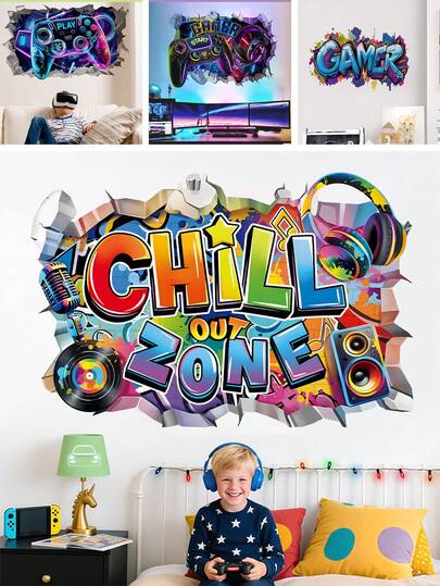 BRUP 1/2 Tờ/Bộ Hình Dán Tường Graffiti Tường Vỡ Khu Thư Giãn Hình Tai Nghe Game Thủ Âm Nhạc Tay Cầm Chơi Game Phong Cách Dành Cho Phòng Ngủ Phòng Chơi Game Của Thiếu Niên Trang Trí Nhà Cửa