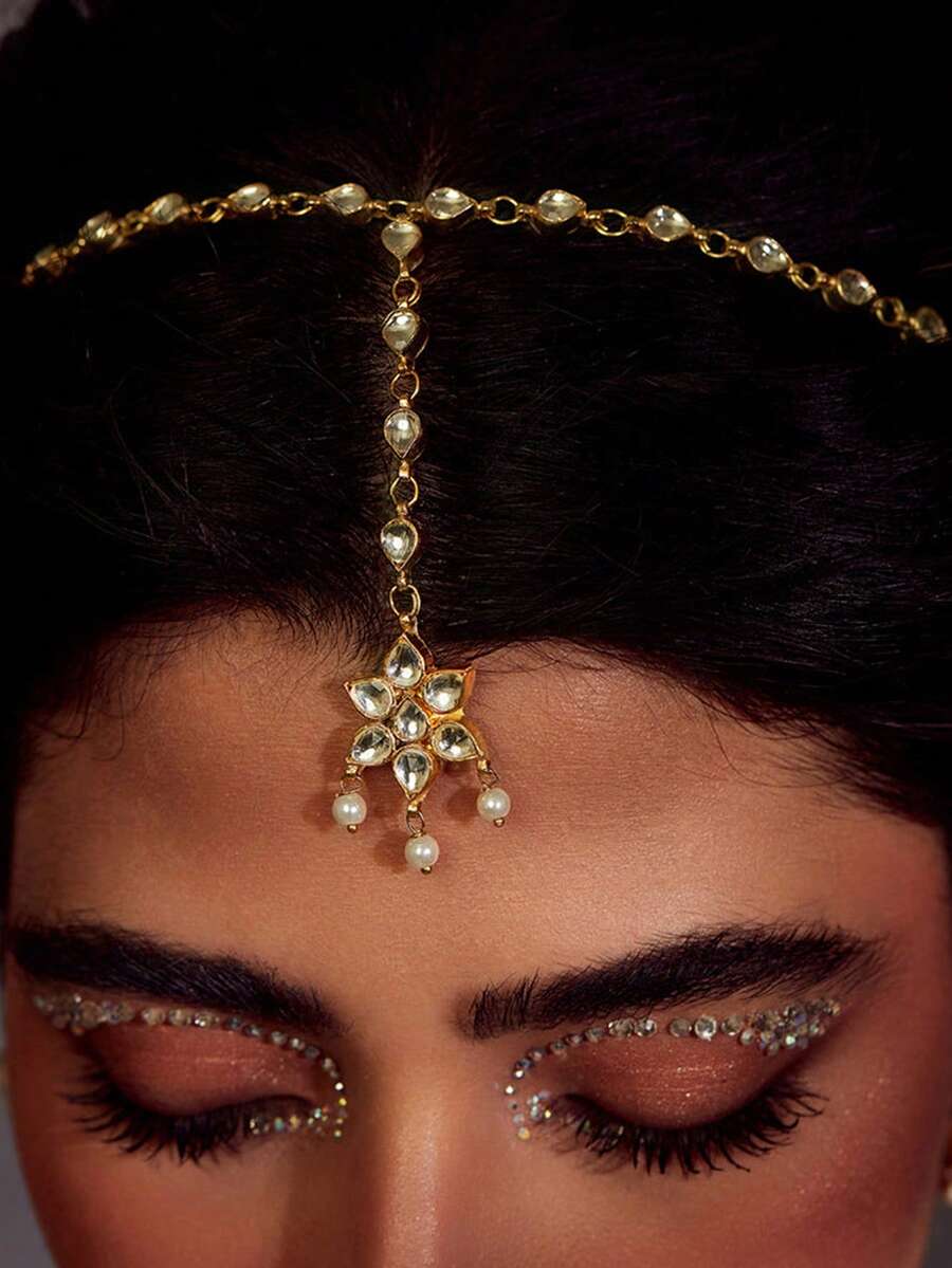 1 pieza Nuevo Maang Tikka floral de Pascua, joyería tradicional de frente para novia y boda, accesorio de cabello de estilo exótico, tocado - Dorado - Ver 1