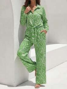 ZIAI 新叶印花长袖宽松优雅通勤休闲女式衬衫裤套装，春夏款 - 綠色 - 查看 4