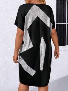 Vestido casual de manga corta con estampado de color contrastante, elegante para vacaciones de verano, talla grande para mujer - Multicolor - Ver 2