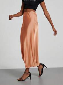 Jupe longue en satin à taille élastique pour femmes, style mode toutes saisons, printemps - Orange clair - Voir 4